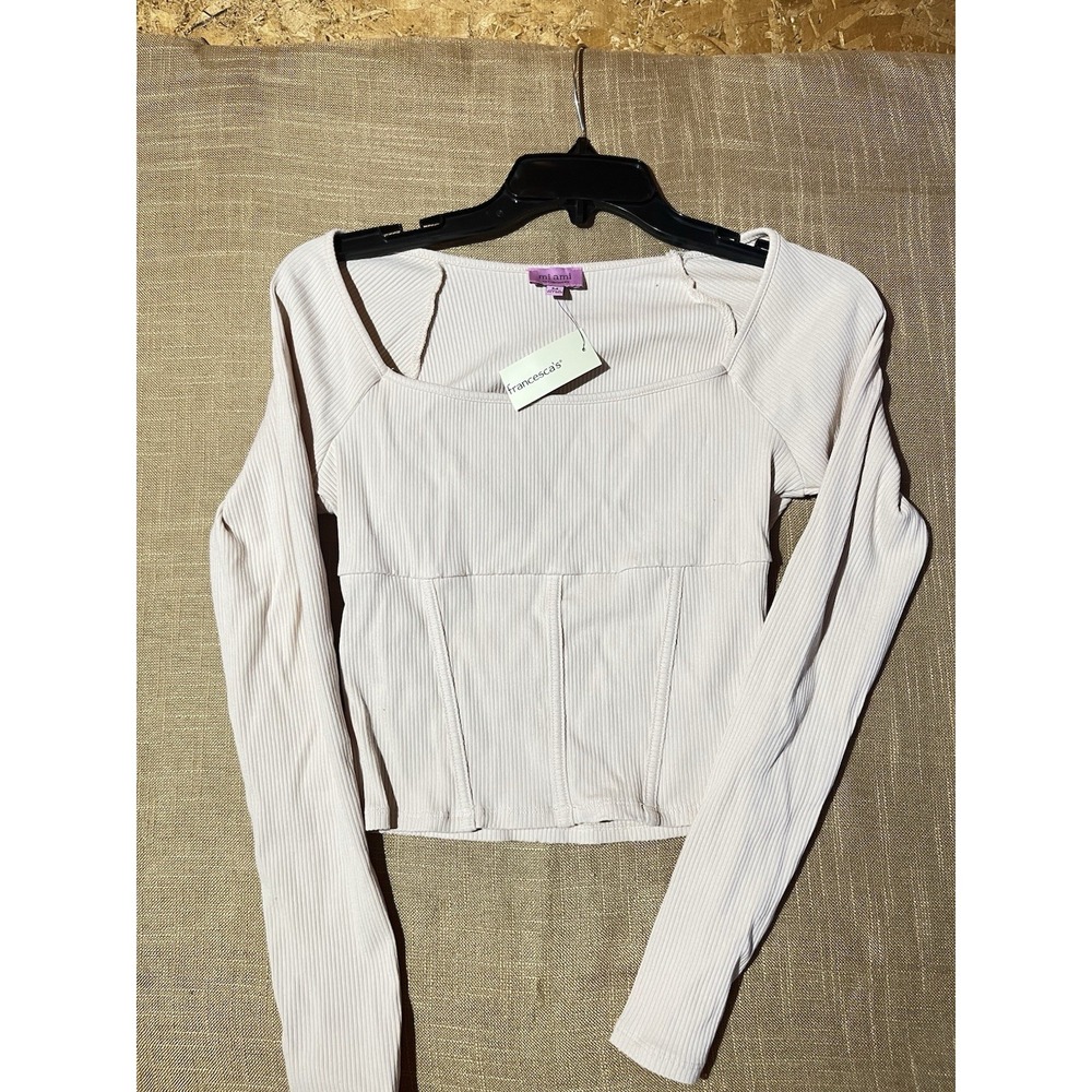 Mi Ami Francesca's Ribbed Square Neck Long Sleeve Top Taupe WT - Picture 2 of 6